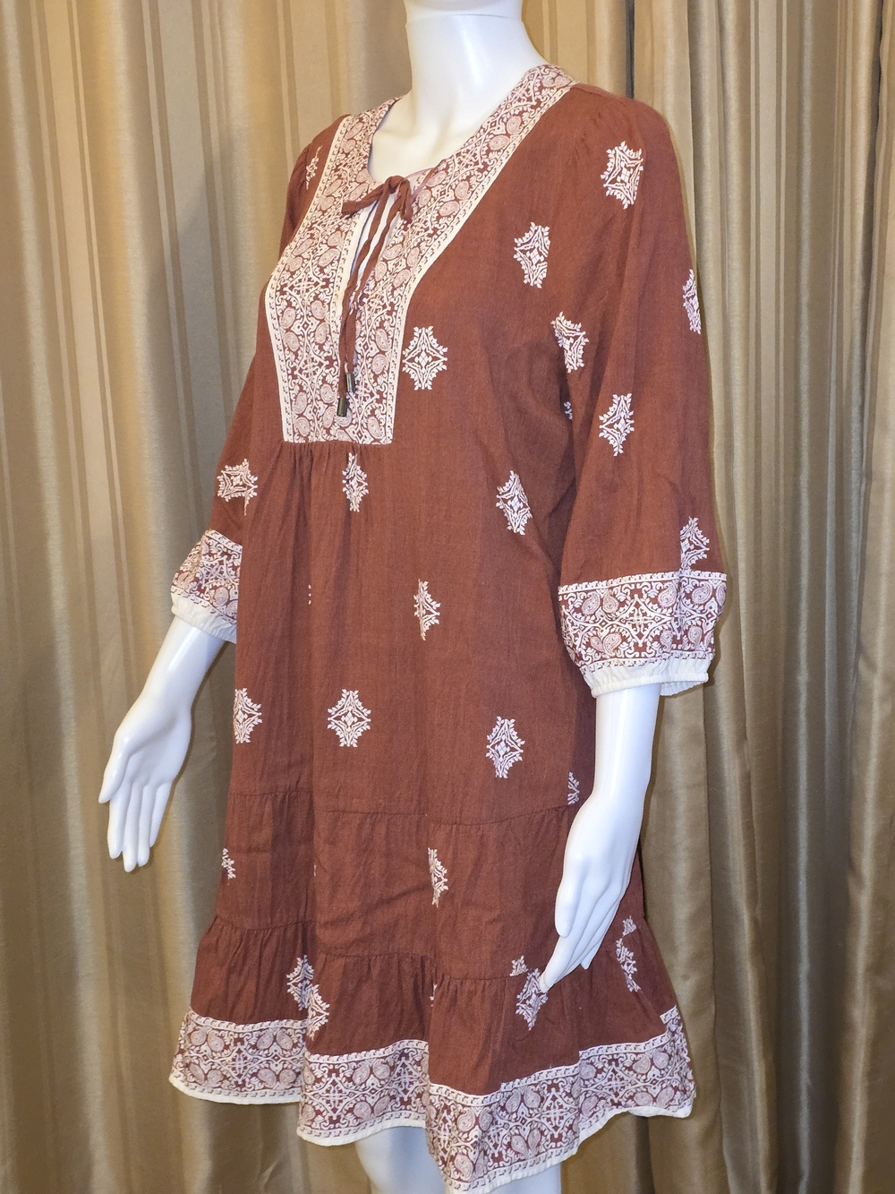 Lucky Brand Rust Brown Embroidered Mini Dress with White Accents Size Medium